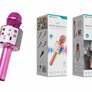 Microfone Bluetooth Sem Fios Rosa M-004 com Alto-Falante Integrado e Luz LED – Karaokê Portátil