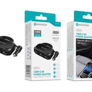 Adaptador de Isqueiro Novoteck Q-015 – 120W com 3 Tomadas de Isqueiro e 2 Portas USB-A, Saída 2.1A, Carregador Automóvel Universal